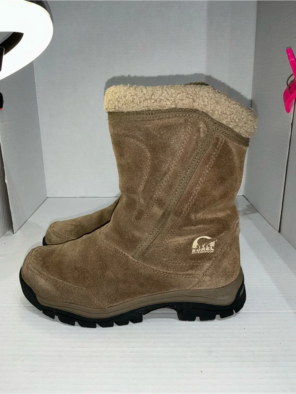 Sorel Women's Tan Suede Shearling-Trim Winter Zip Boots 6.5 Vintage Casual